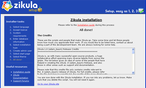 zikula finished install