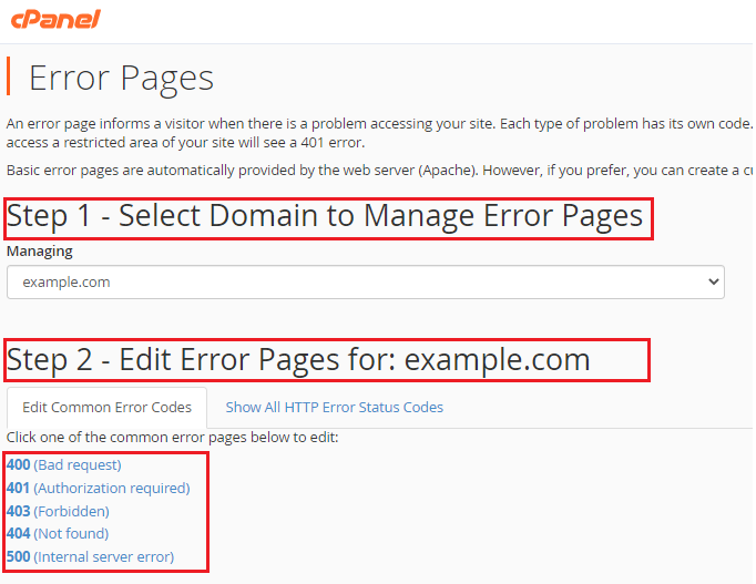 Select domain and error page