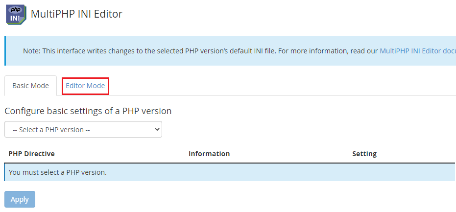 Edit the INI settings of a PHP version