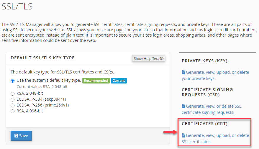 Generate, view, upload or delete SSL certificates