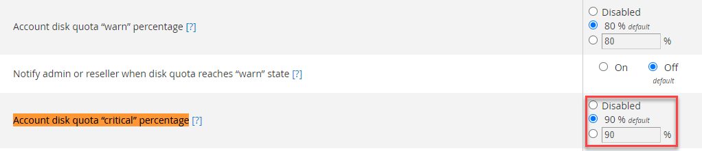 Account disk quota “Critical” percentage