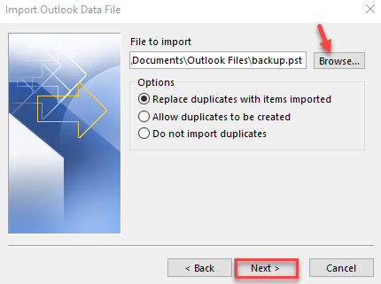 import converted pst files